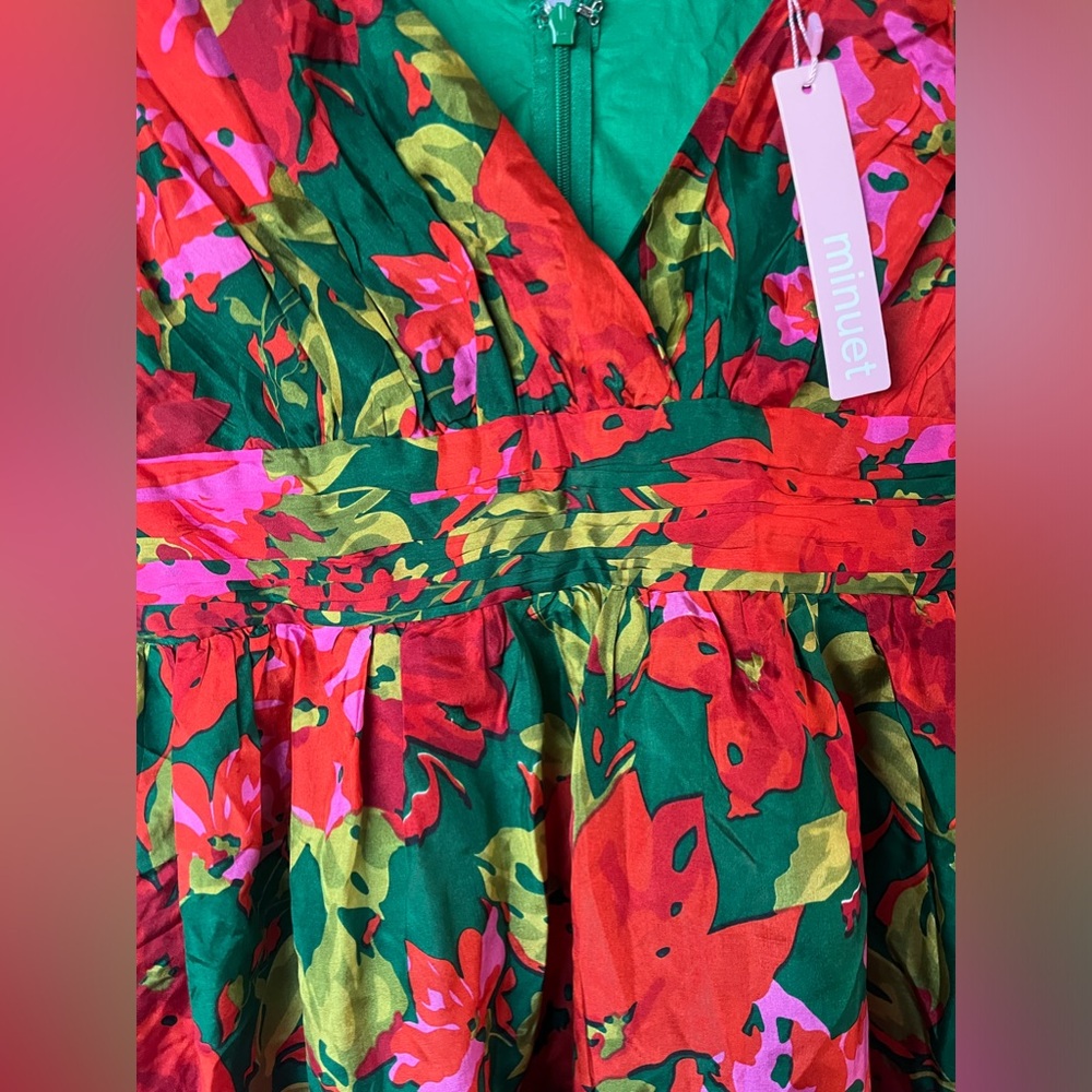 Floral V-Neck Dress - Red, Green, Pink - Picture 5 of 10